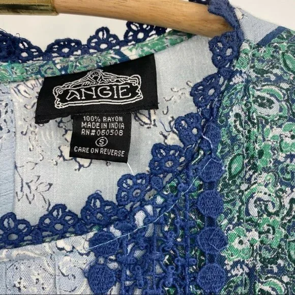 Angie Blue and Green Parsley Print w Balloon Sleeves & Lace detail S - Picture 5 of 10